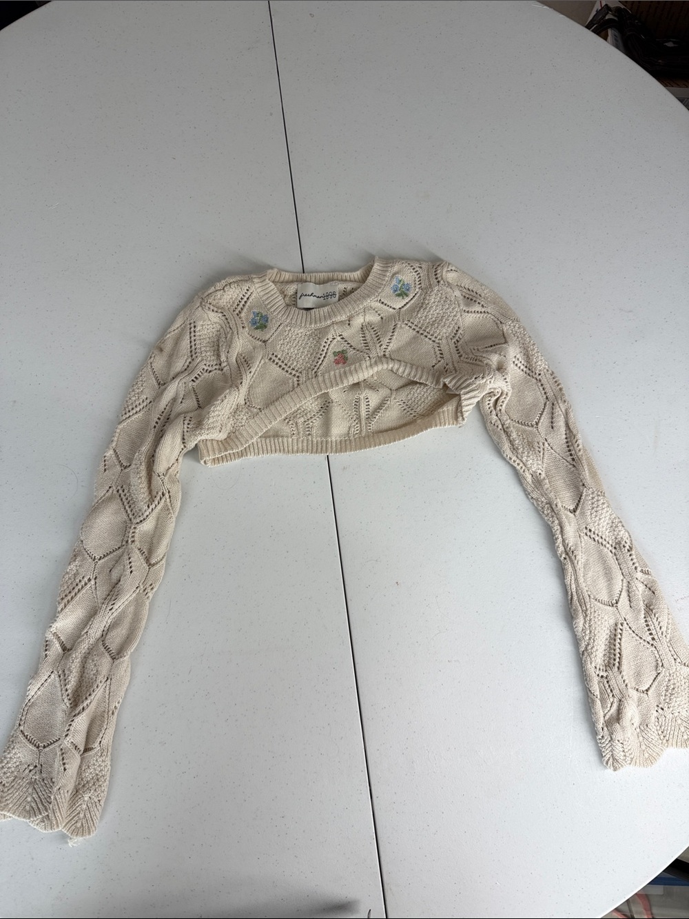 Cream Cropped Knit Sweater with Floral Embroidery #E14